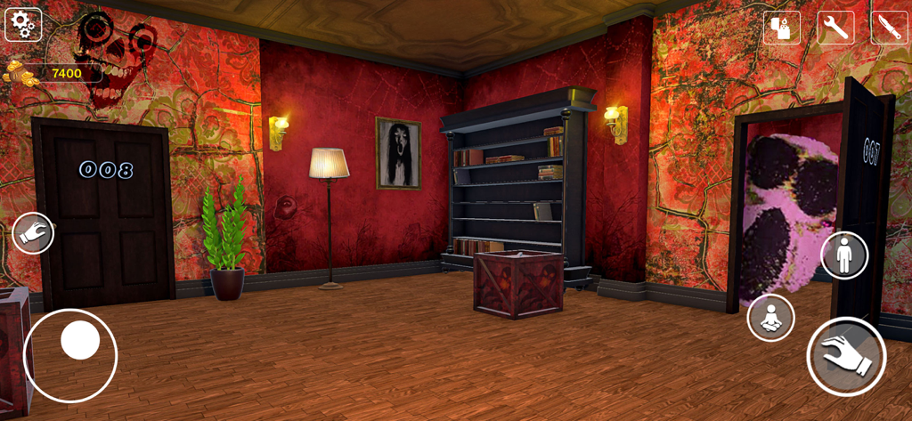 Scary 100 Doors Escape Game - A horror themed escape room scene with red wallpaper, a creepy monster appearing in a doorway, and numbered doors in a mobile game interface.