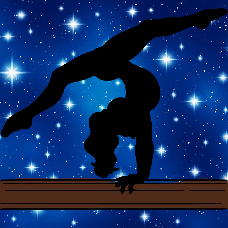 gymnast doing split handstand on a beam