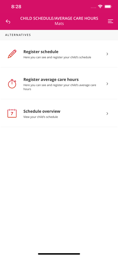 Edlevo - Edlevo app screen showing options to register schedules, manage average care hours, and view schedule overviews for a child.