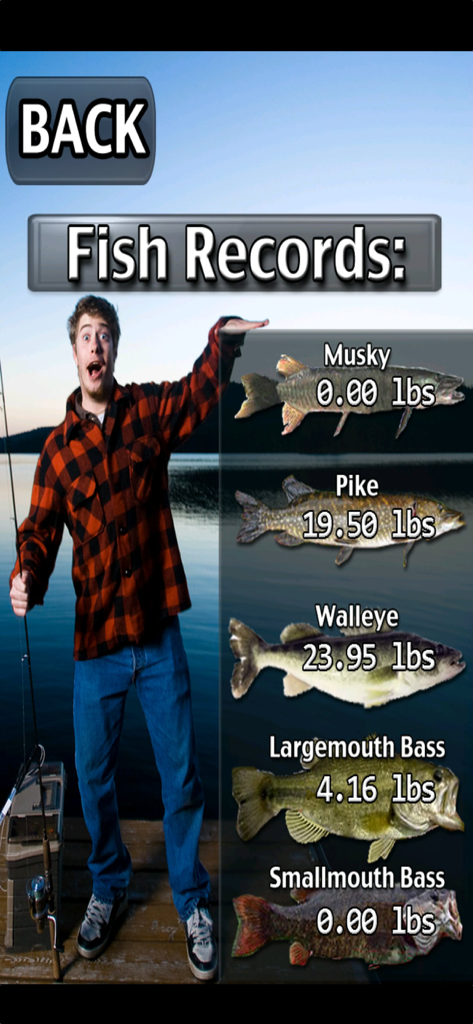 Pantalla de registros de peces de i Fishing Lite mostrando los pesos de varias especies de peces capturados como el lucio y la lucioperca.