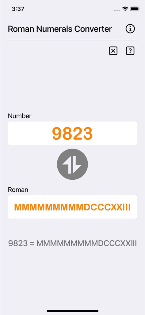 Interface of the Roman Numerals Converter Plus app showing the conversion of the number 9823 into Roman numerals.