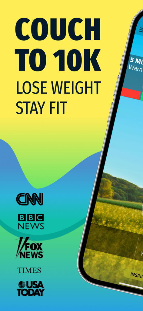 Ein Werbebildschirm für die 10K Runner App mit dem Text Couch to 10K Lose Weight Stay Fit neben Nachrichtenlogos wie CNN und BBC News
