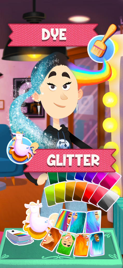 Estilismo de cabello creativo con purpurina y tinte arcoíris en un juego para niños