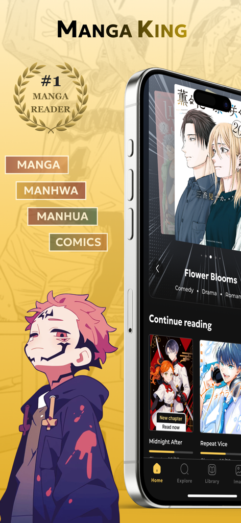 Interface do aplicativo Manga Reader King mostrando categorias de mangá e seção de continuar lendo