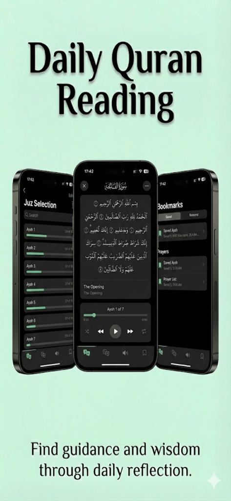 Dua Chat app interface featuring daily Quran reading with Arabic text and audio playback options.