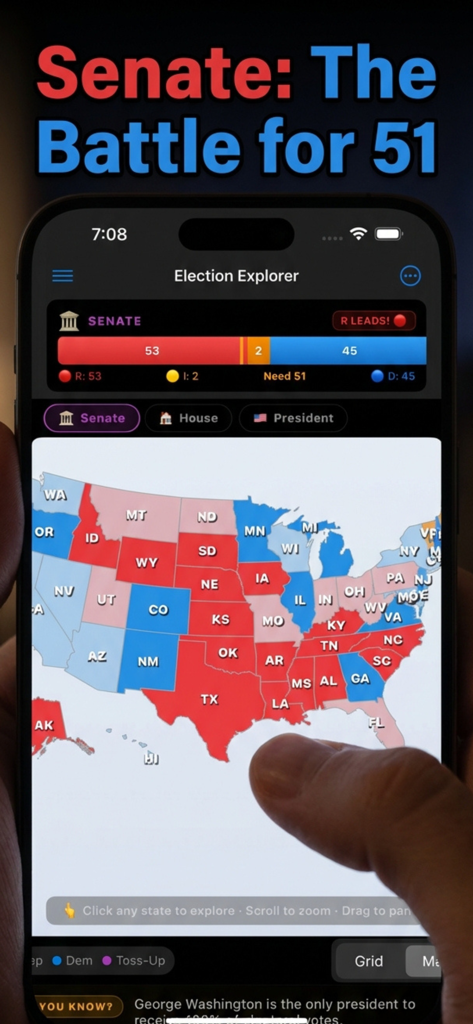 Election Explorer: 2026 Map - A hand interacting with a US Senate election map simulation in the Election Explorer app showing seat counts for Republicans and Democrats.