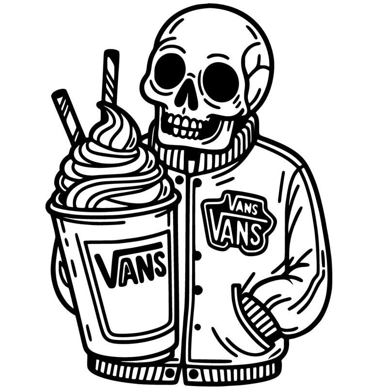 vans jacket with a skeleton and a slushy that says vans