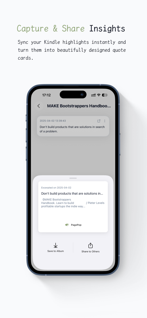 PagePop - Kindle Companion - PagePop mobile app interface showing a Kindle book highlight converted into a shareable quote card.