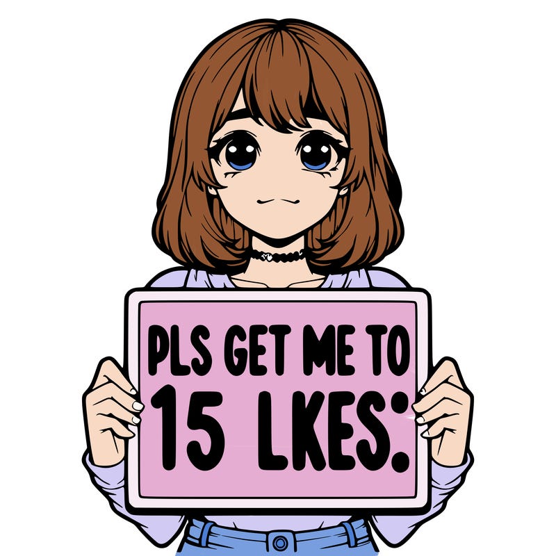realistic girl holding up a sign that says “pls get me to 15 likes!”