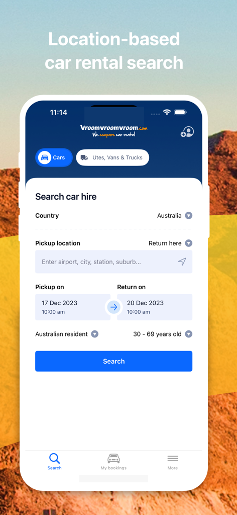 VroomVroomVroom 모바일 앱 위치 기반 렌터카 예약을 위한 검색 화면