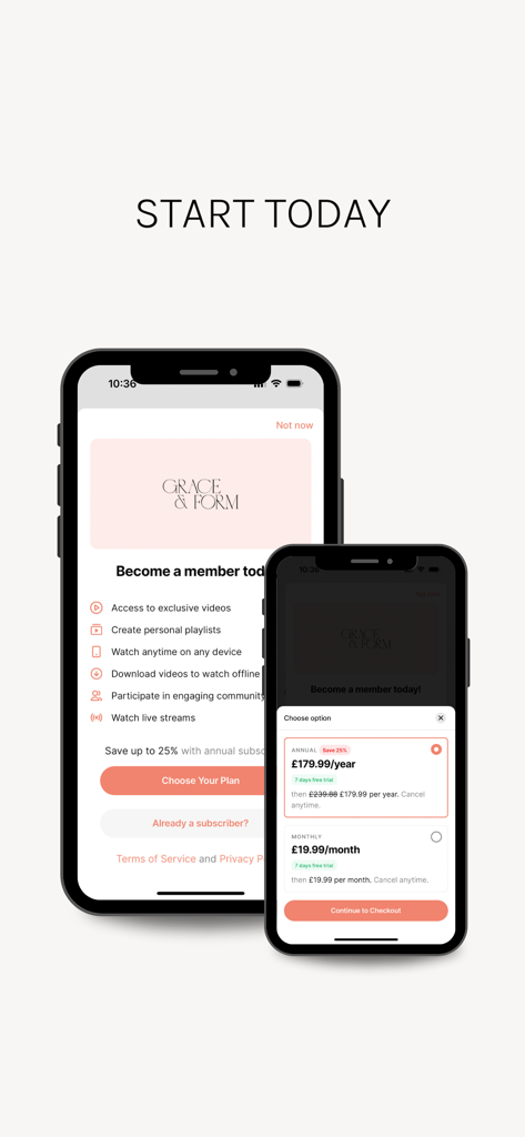Grace and Form App Mitgliedschaftsvorteile und Abonnementoptionen auf zwei Mobiltelefonen