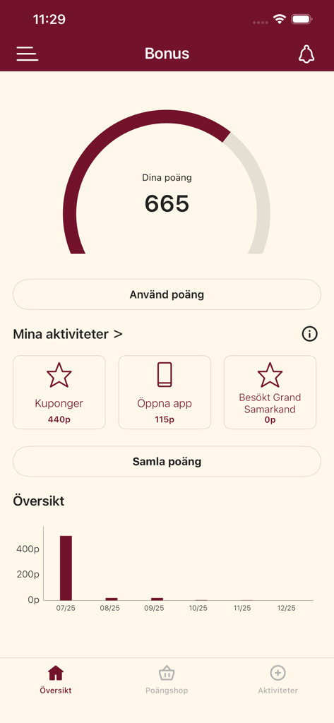 Grand Plus - Pantalla de bonificación de la aplicación de fidelización Grand Plus que muestra el saldo de puntos y un resumen de la actividad