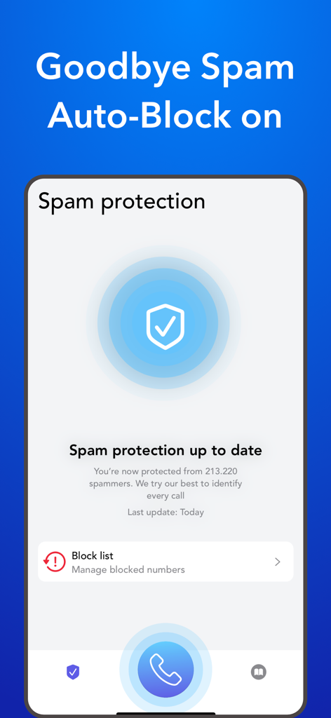 Call Filter - Caller ID - Mobile app screen showing active spam protection and auto-block for phone calls