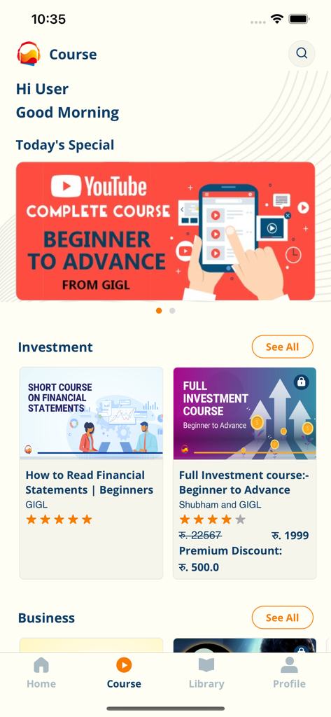 Interface of the GIGL app showing investment courses and a YouTube complete course banner