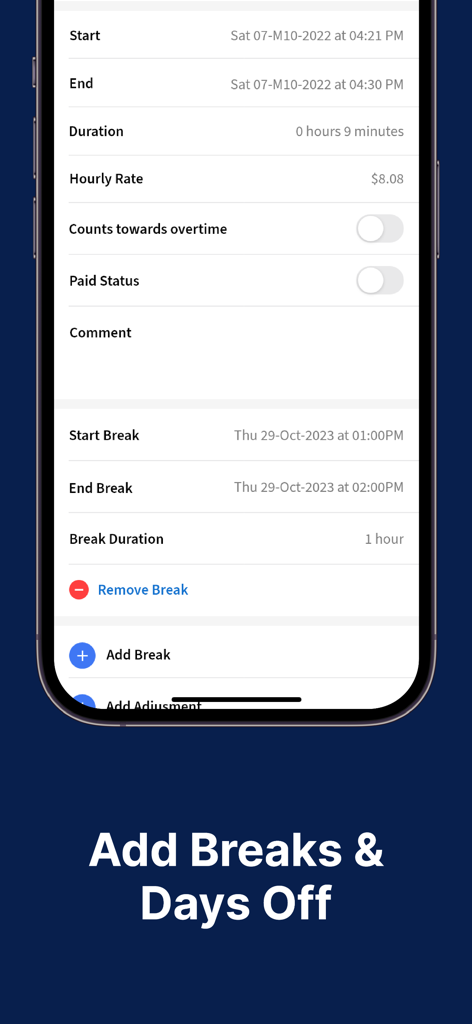 Interfaz de la aplicación Clock In and Out que muestra detalles de la duración del turno y opciones para agregar o eliminar descansos