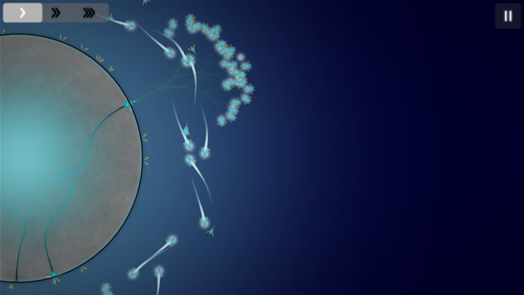 Eufloria HD - Eufloria HD gameplay showing glowing blue seedlings growing from a grey asteroid in an ambient space setting