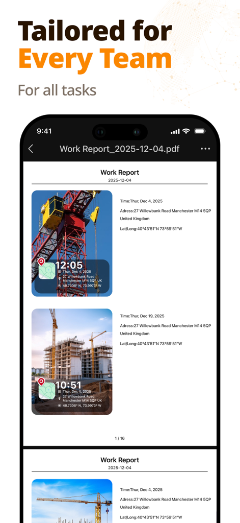Timestamp Camera Photo&Video - Un rapport de travail PDF professionnel présentant des photos de chantier avec des coordonnées GPS et des horodatages intégrés.