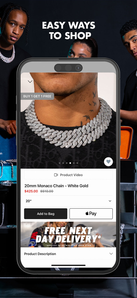 Página do produto no aplicativo Adamans apresentando uma Corrente Monaco de 20mm em ouro branco com opções de Apple Pay e Adicionar à Sacola.