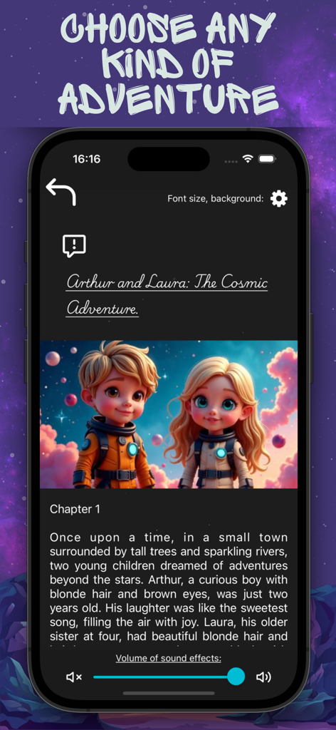 Bedtime AI Story Creator. - RocketTales app interface showing a personalized AI bedtime story titled Arthur and Laura The Cosmic Adventure with illustrations of children in space suits