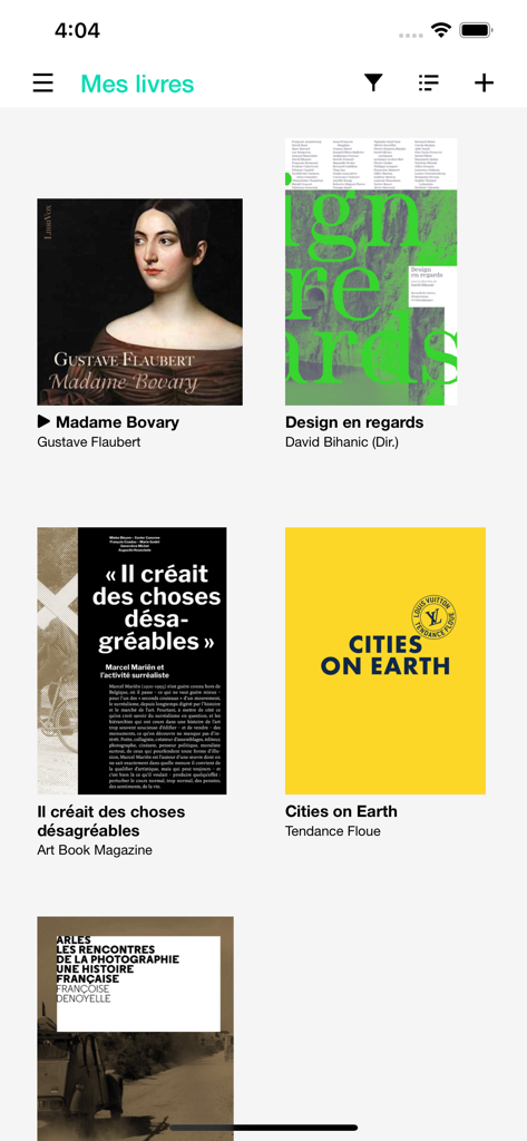 Lis-a - Digital library screen in the Lis-a app displaying a grid of ebook covers and titles like Madame Bovary and Cities on Earth
