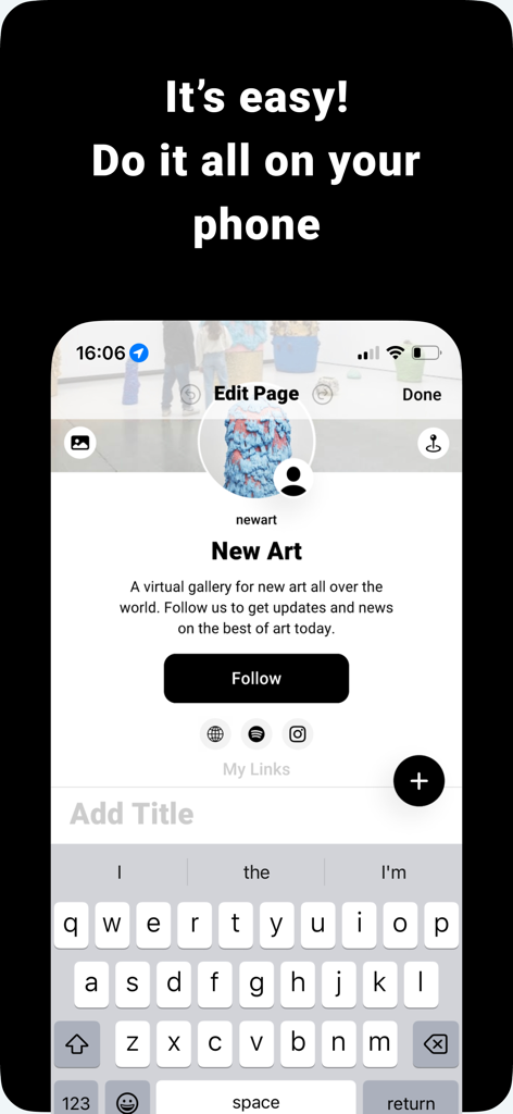 Un écran de smartphone montrant l'interface d'édition de profil de GuideApp pour une galerie d'art virtuelle.