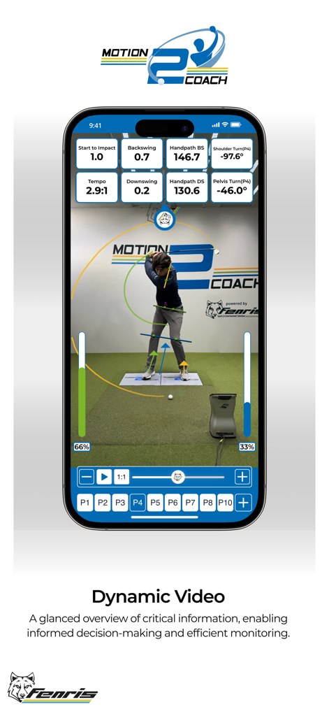 Motion2Coach Golf - Motion2Coach Golf app displaying dynamic video analysis of a golf swing with biomechanical metrics and skeletal tracking