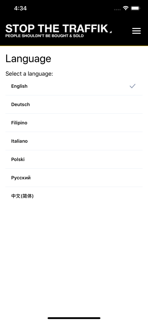 The STOP APP language selection screen showing options like English, Deutsch, and Filipino
