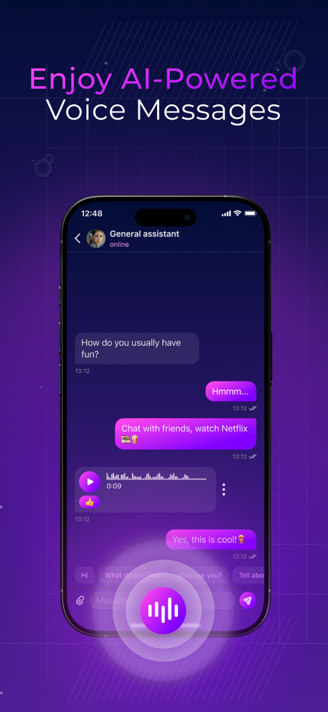 Sentia: Chat with AI Character - Interface of the Sentia AI app showing a chat conversation with an AI character featuring voice messages.