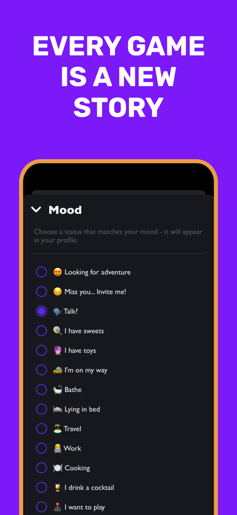 Screenshot of Lusya dating app showing a list of mood status options for users to choose from