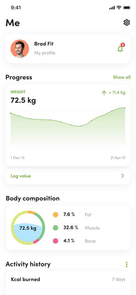 Buzz Gym - Buzz Gym user profile screen showing weight progress graph and body composition charts
