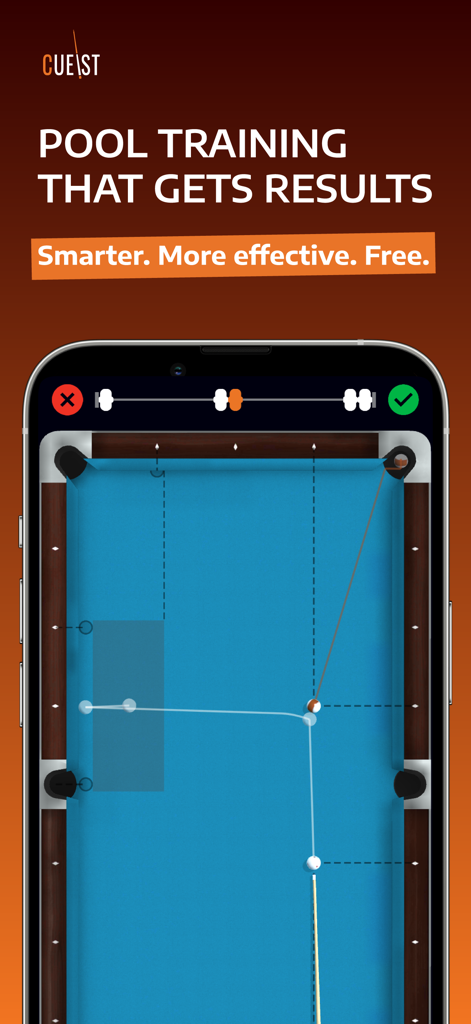 Cueist: Pool Training - A mobile app screenshot showing a guided pool table drill with shot trajectories