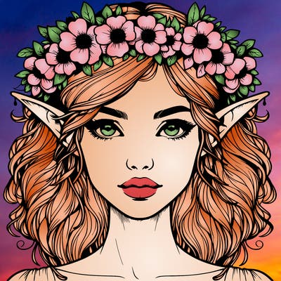 realistic female elf with flower crown