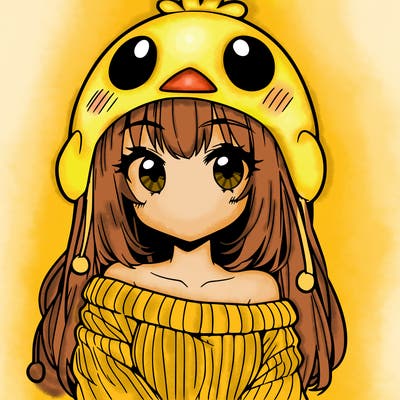 anime girl with chick shaped hat with sweater with bare shoulders with bangs covering them one eye with low tail