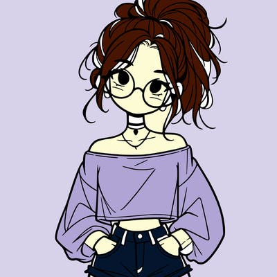 girl with a messy ponytail glasses a baggy crop top and jean shorts