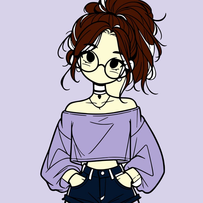 girl with a messy ponytail glasses a baggy crop top and jean shorts