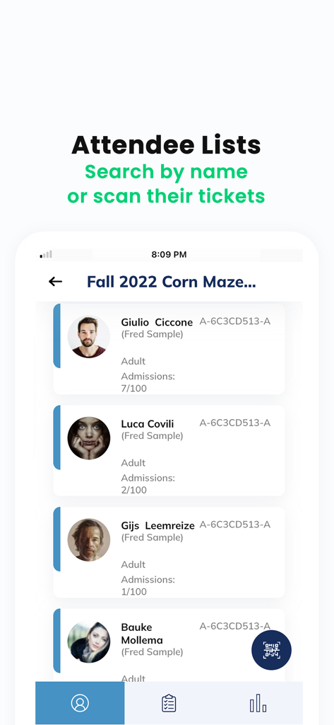 SimpleTix Organizer - SimpleTix Organizer Teilnehmerverwaltungsbildschirm zeigt Gästeliste und Ticketscannoptionen für den Event-Einlass
