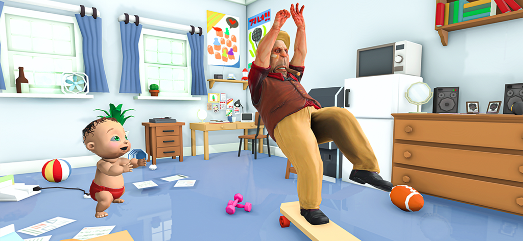 A virtual baby in a red diaper watching a dad character fall backward off a skateboard in a 3D room.