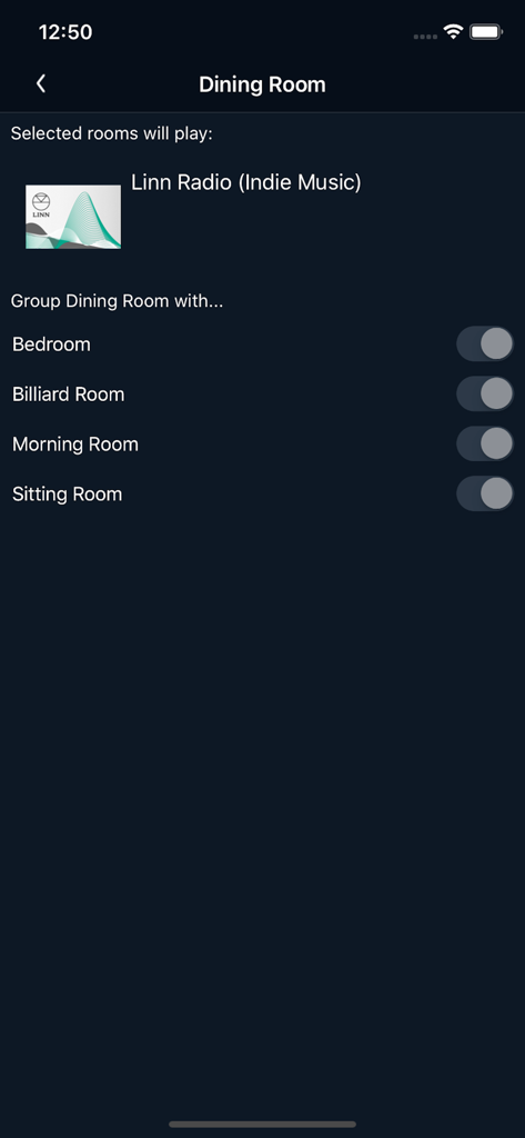 Linn Kazoo app interface for multi-room audio control showing options to group the dining room with other rooms