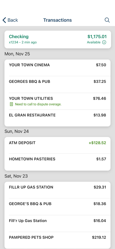 Alpine Bank - Alpine Mobile - Mobile app interface of Alpine Bank showing a detailed history of checking account transactions and balance.