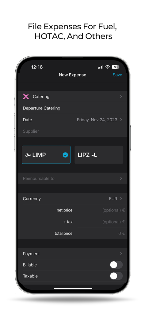 FL3XX Crew - FL3XX Crew mobile app screen showing the expense reporting feature for aviation professionals.