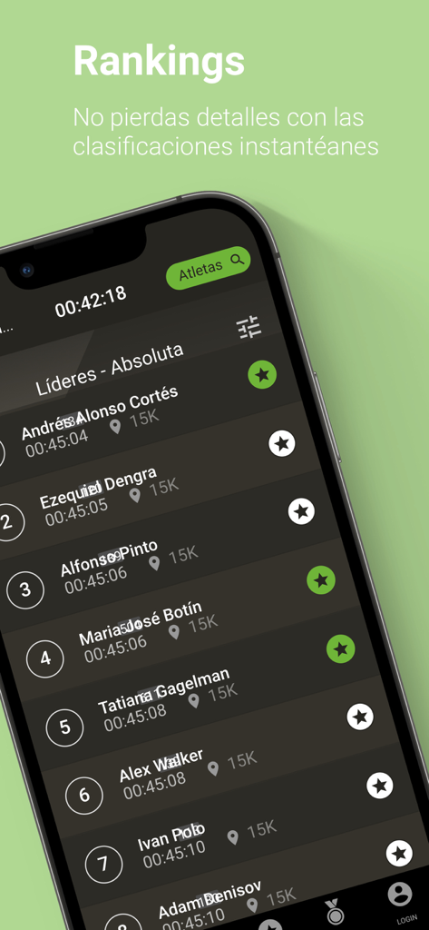 ProRun Live app screen displaying real-time race rankings and an athlete leaderboard for a 15K event