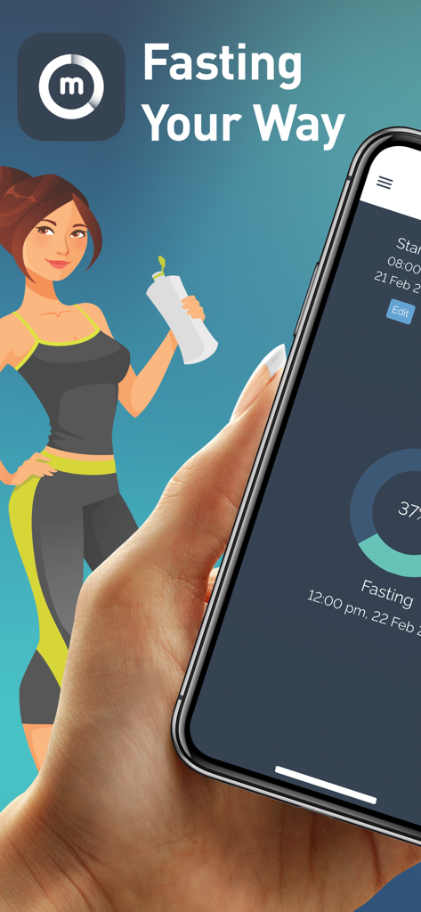 Interfaz de la aplicación MyFast mostrando el progreso del ayuno intermitente y temática fitness