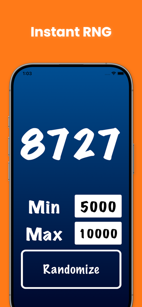 Random Number Generator – RNG - Interfaz móvil de la aplicación Generador de Números Aleatorios que muestra un número generado con configuración mínima y máxima.