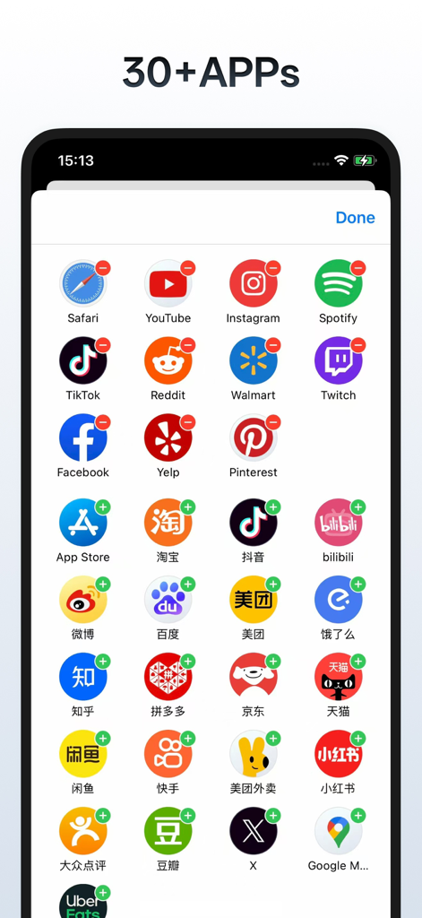 OnlySearch:DeepLink - Interface displaying a grid of popular apps like YouTube and Instagram for quick launch selection.