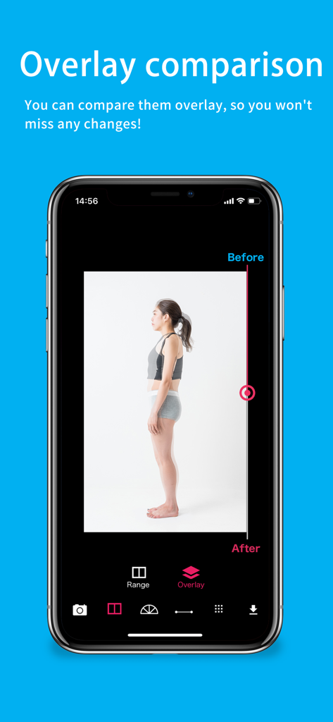 Schermata dell'app mobile che mostra la funzione di confronto a sovrapposizione per tracciare i cambiamenti della postura e del corpo tra le foto prima e dopo