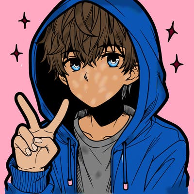 teenage manga boy in a hoodie, doing ✌