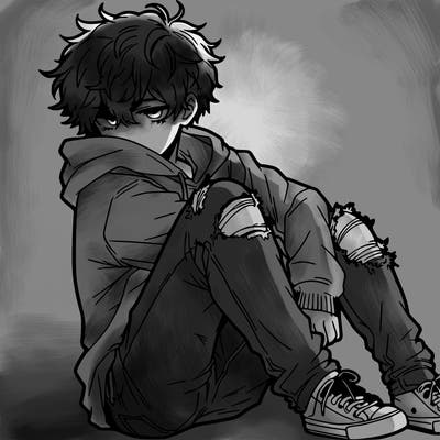 a male hoddie ripped jeans messy hair anime