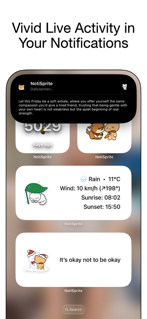 NotiSprite: Smart Desktop Pet - NotiSprite-App-Oberfläche, die animierte Live-Aktivitätsbenachrichtigungen und ästhetische Widgets für Wetter und tägliche Zitate auf einem iPhone-Bildschirm zeigt.