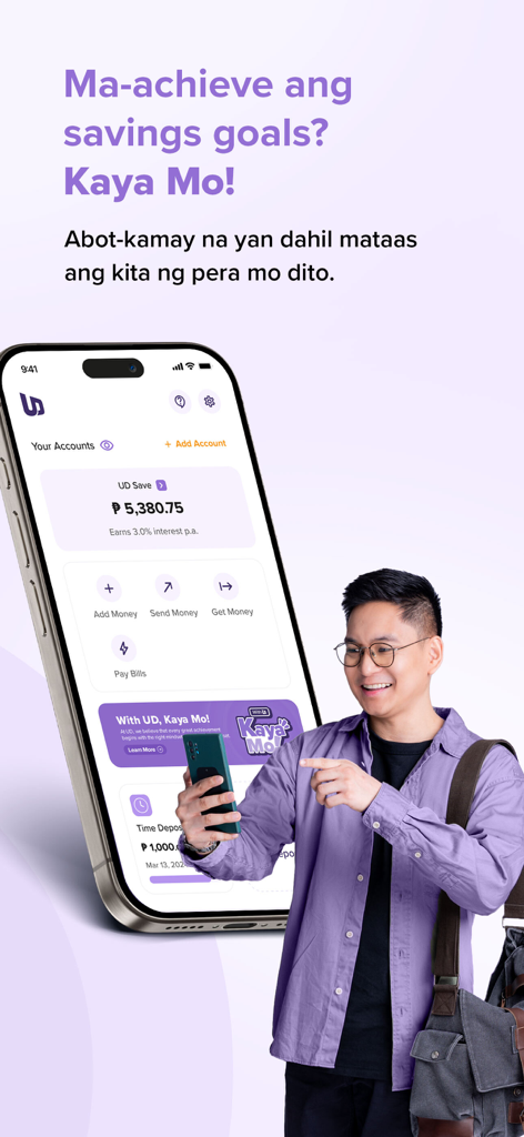 UnionDigital Bank (UD) - A man pointing at a smartphone screen displaying the UnionDigital Bank app with a high-interest savings account balance