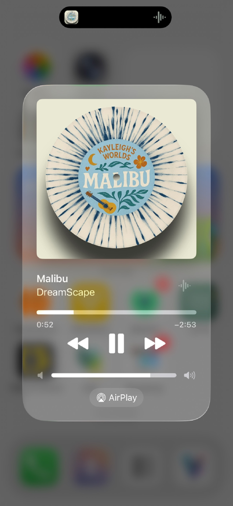 DreamScape: Compass Walls - iOS music player interface playing the song Malibu from the DreamScape app